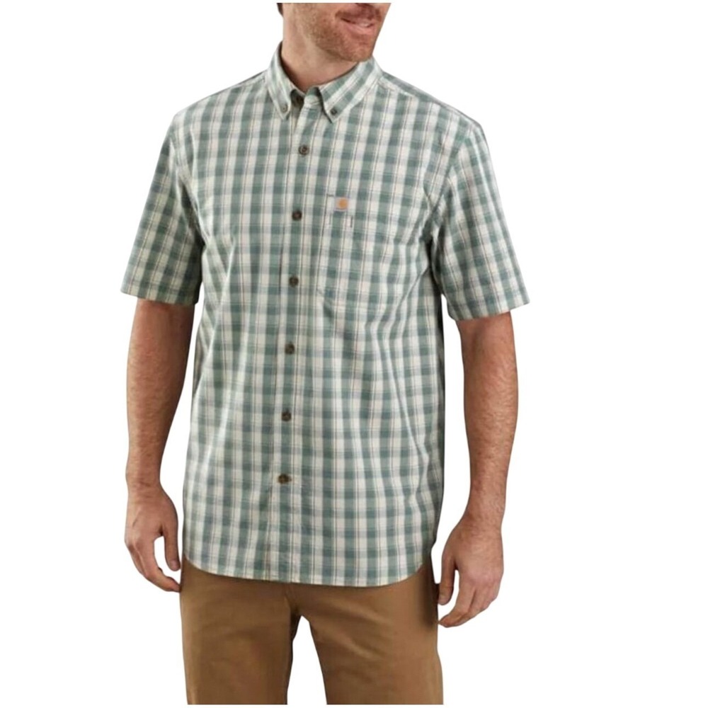 Carhartt Relaxed Fit Shirt Button Down Short Sleeve Plaid Casual‎ Work Green LG